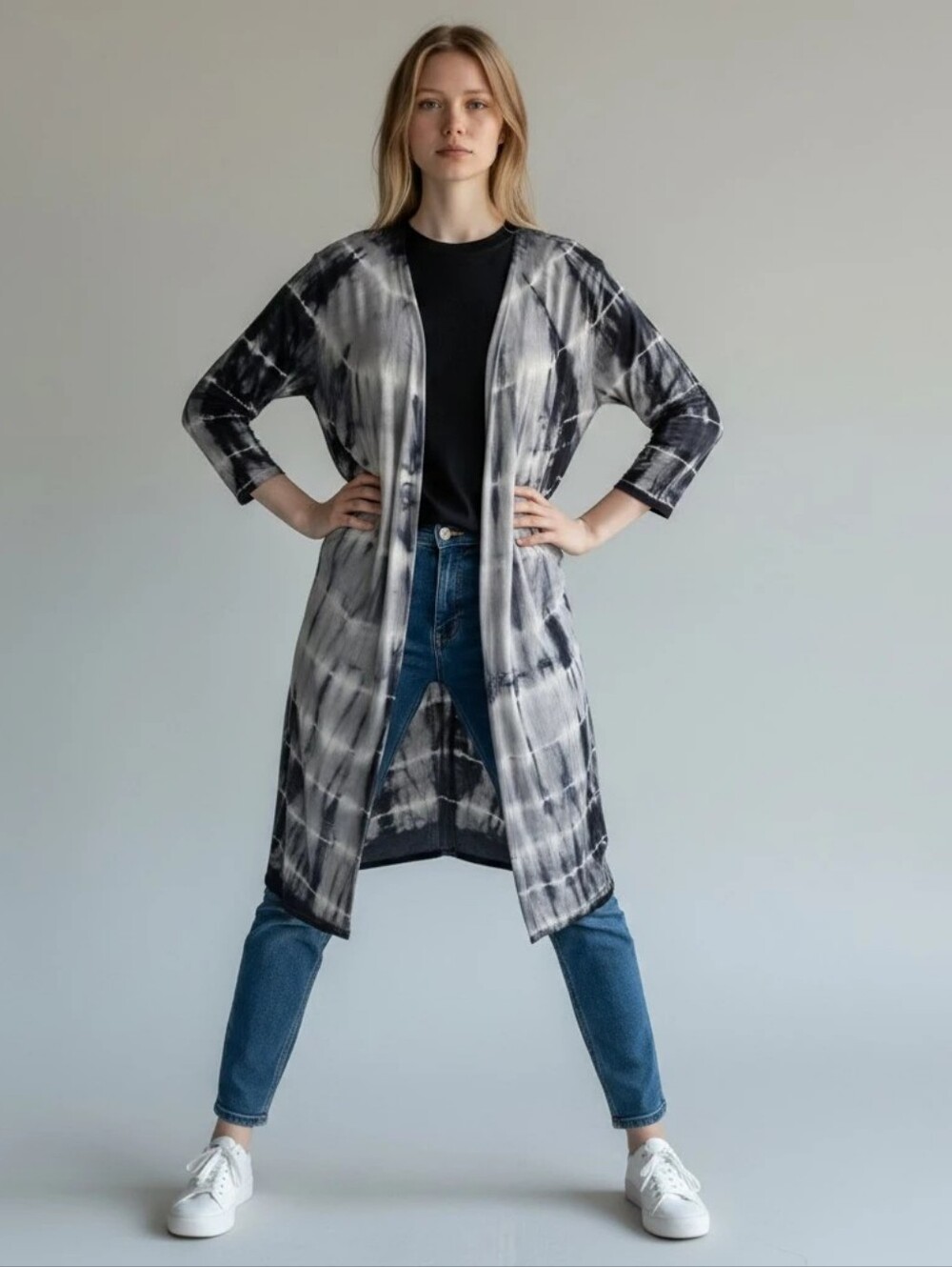 Navy & White Tie-Dye Long Duster Cardigan